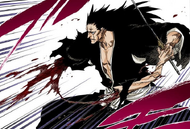 Kenpachi rips his arm off to protect the rest of his body.