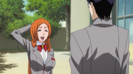 Orihime laughs at Uryū's suggestion.