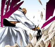 Ichigo blocks Yammy's punch with his sword.