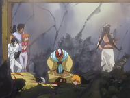 Kūkaku damages her home while incapacitating Ichigo and Ganju.