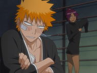 Yoruichi teases Ichigo over his reaction to her nudity.