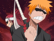 Ichigo and Renji are angered by the signs mocking the names of their Zanpakutō.