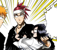 Ichigo is startled when Rukia pushes herself away from Renji so she can breathe.