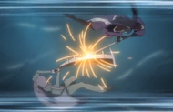 Saru and Senbonzakura's blades grind across each other.