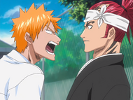 Ichigo warns Renji to never come back to his school again.