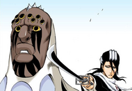 Byakuya holds his blade to Zommari's neck.