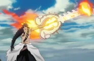 Amagai quickly releases a Fireball, utilizing his ability to fire multiple at once whilst using Raika Gōen Kaku.