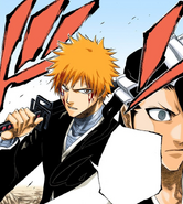 Ichigo appears behind Byakuya.