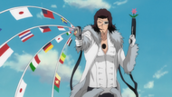 Starrk fires flags and a flower from his guns.