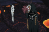 Renji and Uryū hang from a tree as corpses.