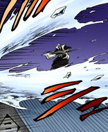 Gin slashes through Hitsugaya's wave of ice and water.