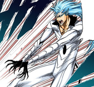 Grimmjow Jaegerjaquez holds his hands out in front of him in preparation for activating Desgarrón.