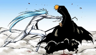 Grimmjow stabs his hand into Ichigo's side.