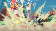 Nemu Kurotsuchi uses Tedoriru to find the laboratory but attacks Dondochakka and Pesche in the process.