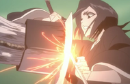 Rukia blocks the attack of Renji's clone.