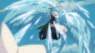Hitsugaya reforms the technique to catch Harribel off guard.
