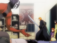 Rukia watches as Ichigo protects Orihime.