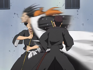 Kenpachi rushes past the Shinigami with Orihime on his back.