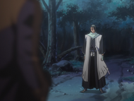 Kariya confronts Byakuya in the forest.