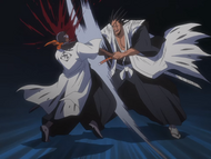 Kenpachi slashes Tōsen across the chest.