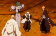 Ichigo, Hitsugaya, and Hyōrinmaru land before Yamamoto.