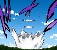 Yammy blasts Urahara into the ground with Bala.