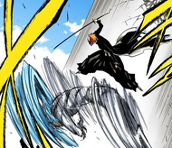 Grimmjow spins in midair as he prepares to attack Ichigo.