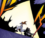 Orihime shields Ichigo from Yhwach's attack.