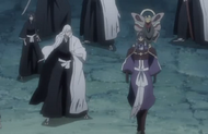 Rukia and her captain watch as the Zanpakutō spirits leave their owners.