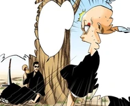 Ikkaku berates Iba for drinking too much sake upon learning that the gourd they have been drinking from is empty once more.