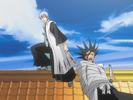 Gin forcefully takes Kenpachi away from Byakuya.