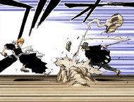 Urahara slashes through a rock while pursuing Ichigo.