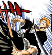 Ichigo narrowly evades Kenpachi's thrust.