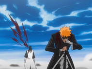 Byakuya is wounded by Ichigo's attack.