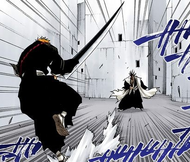 Ichigo leaps back from Kenpachi.