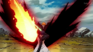 Ichigo's Getsuga Tenshō and Amagai's flame attack collide.