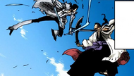 Starrk's Colmillo clashes evenly with Shunsui's Katen Kyōkotsu.