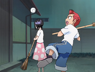 Jinta plays baseball while Ururu sweeps.