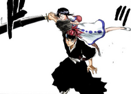 Rukia grabs Renji's sword arm to hinder him.