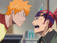 Renji admonishes Ichigo for learning nothing from his encounter with the Bount.