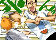 Isshin greets a returning Ichigo with an elbow to the head.