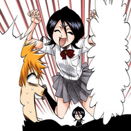 Rukia has Chappy pin down Ichigo while inhabiting her Gigai.