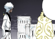 Mayuri appears unharmed before a startled Hitsugaya.