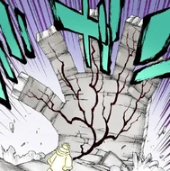 Pernida attacks Mayuri with a hand made of stone.