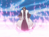 Byakuya's blood turns into pink Reiatsu flames.