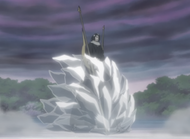 Byakuya is encased in ice and pinned with two spears.