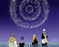 Hinamori, Rangiku, Hitsugaya, and Aizen watch the fireworks.