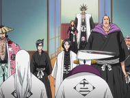 Mayuri gathers the captains and lieutenants for a meeting.