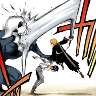 Ichigo leaps over Uryū to slash through a Hollow behind him.