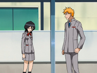 Rukia explains her power predicament to Ichigo.